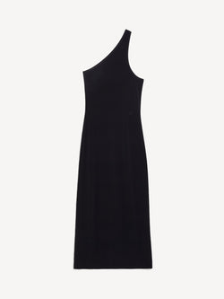 By Malene Birger Agnes kjole i sort, laget av resirkulert polyester, med asymmetrisk snitt, bred stropp og et brodert monogram.