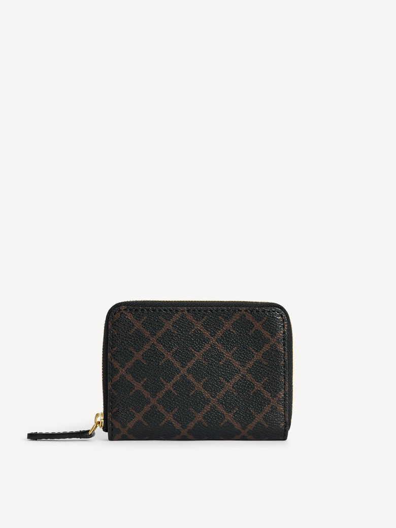By Malene Birger Elia Coin lommebok i brun, med Signature Flower-print og gullfarget logo, laget av polyvinylklorid.