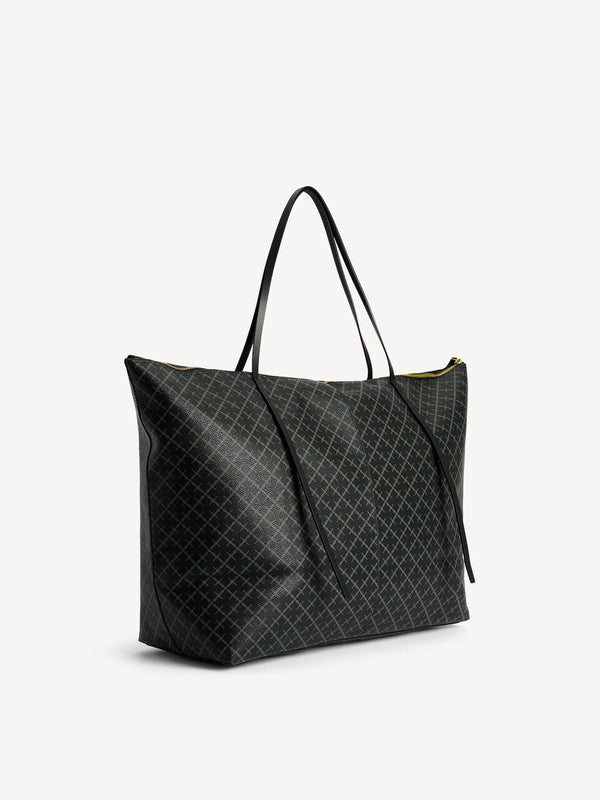 By Malene Birger Leesa veske i mørkegrå, med Signature Flower-mønster, glidelåslukking og smale stropper.

