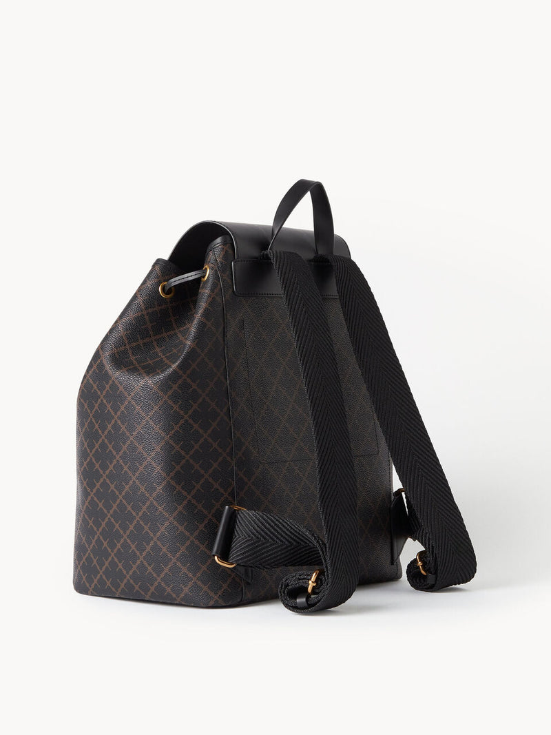 The LOENLO Ryggsekk Mørkebrun is a stylish drawstring backpack with a brown and black geometric pattern, black top handle, and wide textured shoulder straps. Enjoy the durability of this slitesterk ryggsekk with standout design, shown on a white background.