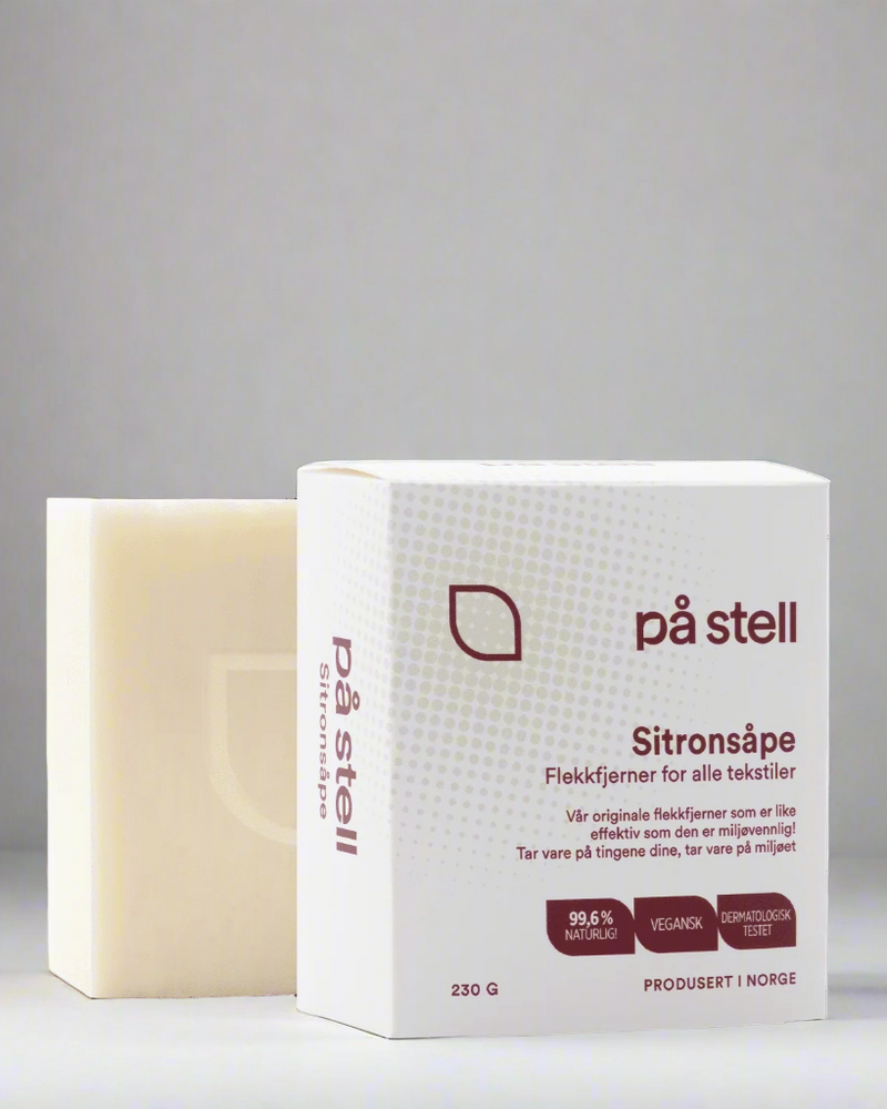 På Stell Sitronsåpe ECOCERT, en stor, naturlig og miljøvennlig såpe som passer til alle materialer.