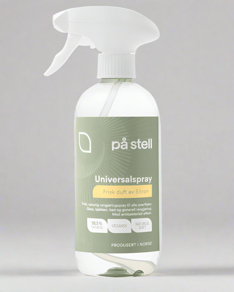 På Stell universalspray sitron, et naturlig rengjøringsmiddel for hjemmet med en mild duft av sitron og en antibakteriell effekt.